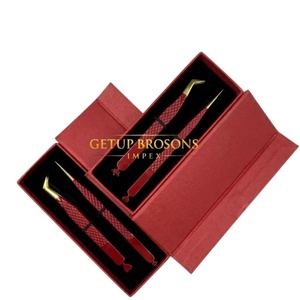 Nouvelles pinces à extensions de cils russes à volume, revêtement en poudre rouge, pointe dorée longue et droite, différents motifs de découpe, outils de beauté - Product Image 4