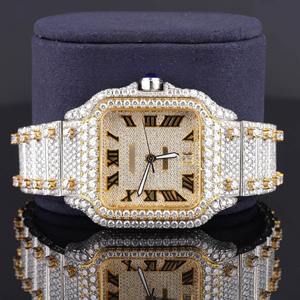 Montre automatique de luxe en acier inoxydable avec diamants de laboratoire et mouvement suisse ETA, carrée, résistante à l'eau, entièrement sertie de diamants. - Product Image 1