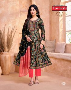 Indien et pakistanais portent une décharge verticale lourde imprimée avec broderie haut bas et lourd Dupatta par Maruti Fashion - Product Image 2