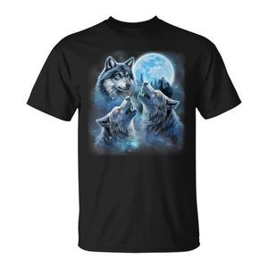 T-shirt promozionale da uomo con tre lupi maestosi avvolti nelle nuvole della galassia sotto la luna ghiacciata - Product Image 1