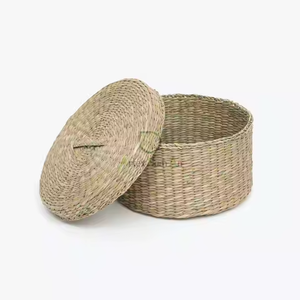 Stylish <b>Seagrass</b> <b>Basket</b> <b>With</b> <b>Lid</b> Round Storage Solution For Minimalist Eco Friendly Homes - Product Image 1
