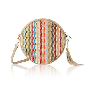 Sac bandoulière rond en cuir véritable italien et raphia-PS650 - Product Image 2