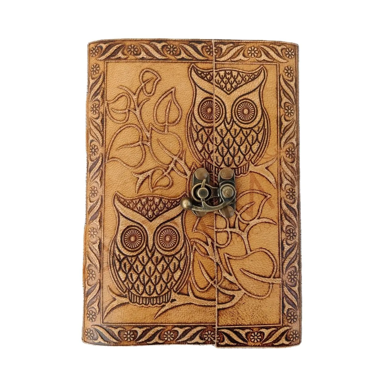 Beautifully Leather Embossed Owl Journal - Antique C- Lock with Wood free Handmade Cotton Paper Diary Note Book Hardcover