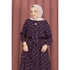 Ensemble 2 pièces en mousseline de soie à pois pour femme, jupe ample avec foulard et pantalon à col nœud, couleur prune - Product Image 2