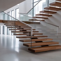 Escalier en bois flottant moderne et minimaliste pour intérieur, avec éclairage LED intégré et marches en bois massif, idéal pour villa
