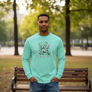 T-shirt à manches longues vert menthe avec motif ours et texte, col rond unisexe, pour adulte, impression numérique, idéal pour la promotion - Product Image 3