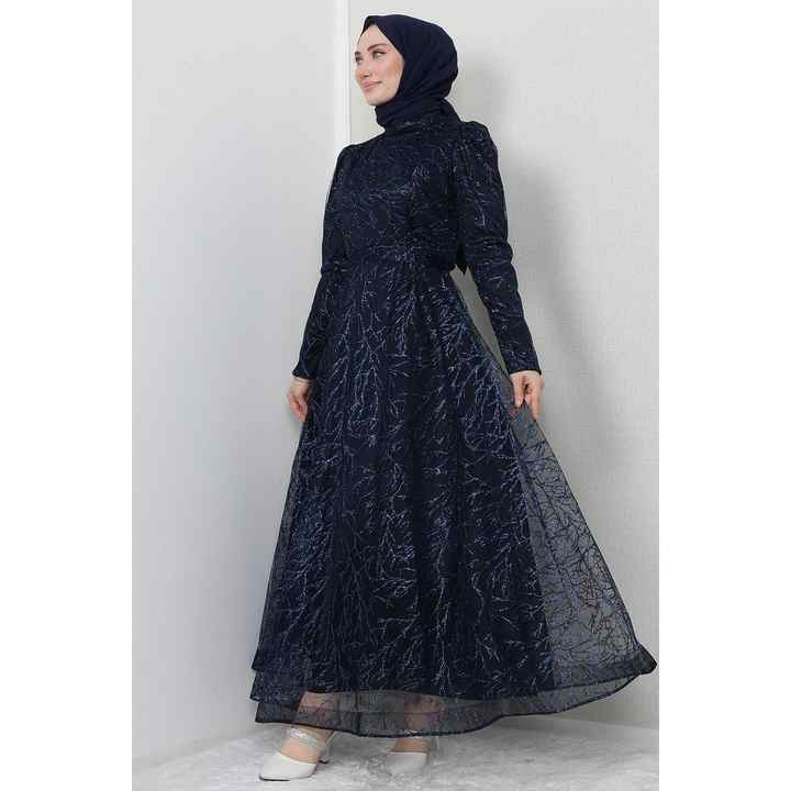Beril Hijab Evening Dress Navy Blue