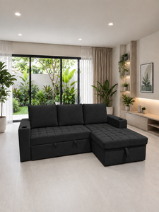 Modern L Shaped <b>Sofa</b> Bed Multibed Black Upholstered Corner <b>Sleeper</b> Couch Tufted Fabric Living Room Furniture Villa Apartment - Product Image 3