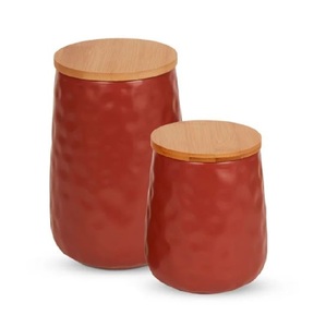 Stylish Red Galvanised Kitchen Canister With Wooden Top Durable Storage <b>Container</b> For <b>Tea</b> <b>Coffee</b> <b>Sugar</b> And Spices - Product Image 1