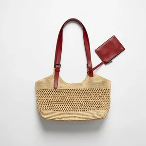 Sac à bandoulière bohème en raphia tressé fait main avec sangle en cuir camel, motif ajouré, style été, sac à main pour femme - Product Image 5
