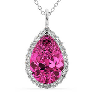 Collier pendentif en or blanc 14 carats avec tourmaline rose halo et diamants, 7,19 carats, forme poire, bijoux fins - Product Image 1