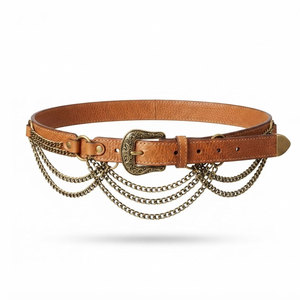 Cinturón de cuero genuino con cadena en capas, correas y hebilla decorativa, accesorio de moda para mujeres, para fiestas y atuendos casuales. - Product Image 1
