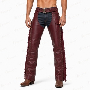 Chaps en cuir véritable pour homme, coupe haute, ajustement régulier, avec franges et fermeture à boucle, pour l'équitation - Product Image 2