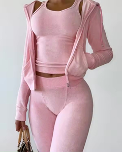Dernier modèle de vêtements de jogging 3 pièces pour femmes Sweats à capuche coupe ajustée avec col montant Vente en gros de survêtements Motif solide - Product Image 4