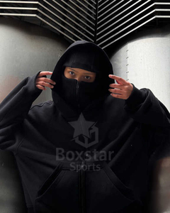 Nouveaux vêtements d'hiver Logo personnalisé lourd GSM goutte épaule Design élégant 100% coton surdimensionné hommes fermeture éclair sweats à capuche avec visage masqué - Product Image 5