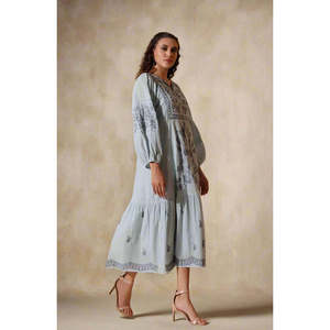Ethereal Bloom Himmelblauer Baumwoll-Midi für Damen Eleganter Empire-Taille Knielanger Einfarbiger Formeller Tagesanzug Verfügbar für Frühling Winter - Product Image 1