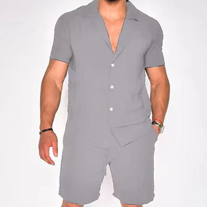 Vente chaude été respirant coupe ample hommes coton costume personnalisé couleur unie Logo personnalisé sweatshirts ensemble avec taille élastique - Product Image 3