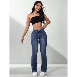 Jeans évasés de luxe pour femme, taille haute, bleu pierre, en denim extensible et résistant, style streetwear décontracté, tailles 26-40 - Product Image 5