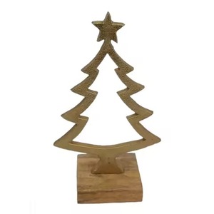 Árbol de Navidad Decorativo de Mesa, Moderno, de Aluminio y Madera, con Base Cuadrada de Madera, Color Dorado, Hecho a Mano - Product Image 1