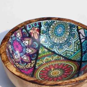 Ensaladera hecha a mano, cuenco de porcelana de cerámica de madera de Acacia con estampado esmaltado, logotipo personalizado para decoración de mesa de fiesta de diseño - Product Image 3