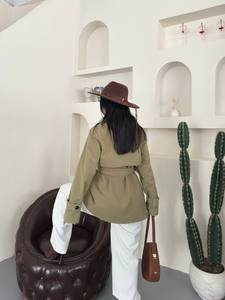 <b>Women</b> Olive Green Safari Jacket With <b>Belt</b> Full Sleeve Stand Collar Double Breasted Windproof Autumn Wear - Product Image 2