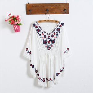 100% Cotton V-Neck Smocking Tunic Tops for Ladies New Fashion Embroidery Designs Loose Fitting & <b>Sleeved</b> Sweet Style for Girls - Product Image 3