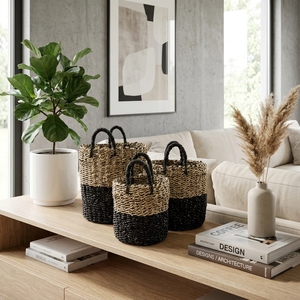 Natural Seagrass Storage <b>Basket</b> Set Black Bottom Dip Wrapped Handle Round Pot Planter Laundry Setup Decor Pure Art Design - Product Image 6
