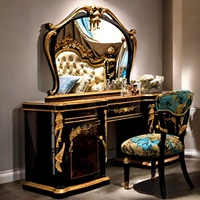 Console de Maquillage Royale Européenne de Luxe Faite à la Main en Bois de Teck Massif Noir et Or, Table de Coiffeuse Moderne du Milieu du Siècle pour Salon