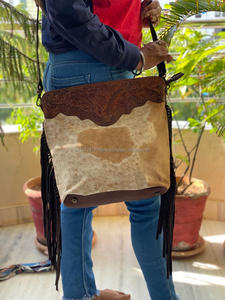 New Best Seller Hand Tooled Leather Western Women Crossbody Purse Hair on Cowhide Fringe Genuine Leather Handbag Wholesale Purse - Product Image 5