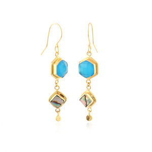 Pendientes de Mujer con Concha de Abulón y Calcedonia Azul, Pendientes de Doble Piedra, Chapados en Oro de 18k, Joyería al por Mayor, Pendientes de Gancho - Product Image 2