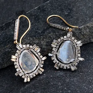 Pave Diamond Designer Oxidized 925 Silver Dangle Drop Earrings Handmade Baguette Jewelry Polki Earrings14K Gold Jewelry