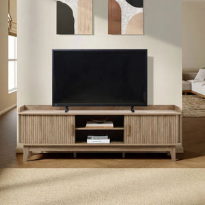Factory Direct Mid-Century Modern Tambour Style 2 Door Wide <strong>TV</strong> Unit with <strong>Tray</strong> Top in Oak - Product Image 2