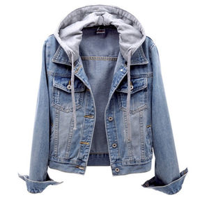 Vêtement d'extérieur décontracté pour femmes en gros, coupe ajustée, manches longues, veste en jean délavée avec capuche contrastée rouge, manteau en jean - Product Image 5