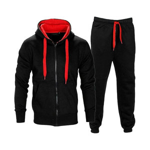 ชุดวอร์มผ้าฟลีซสำหรับผู้ชาย, ชุดมีฮู้ดแขนยาวสีตัดกันพร้อมซิปและเข้าคู่กับกางเกงวิ่งชุดมีสายสำหรับฝึกซ้อมและสวมใส่ในชีวิตประจำวัน - Product Image 1