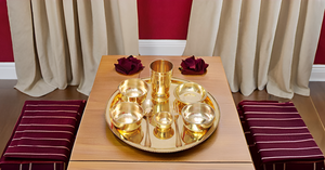 Indian Traditional Dinner Set Handcrafted Brass Thali Plate Bowls with Glass Spoon Beautiful Tableware Gift for Dinner - Product Image 3