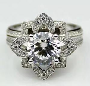 แหวนแต่งงานเพชรมอยส์ซอไนต์แท้ VVS งานอาร์ตเดคโคลายดอกไม้925ของขวัญแหวนหมั้นดอกบัวสีเงิน - Product Image 1