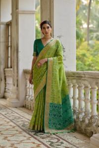 La dernière tenue de créateur Evegreen vente chaude meilleure blouse saree en soie brute Desi douce avec travail de tissage exportateur et fournisseur indien - Product Image 6