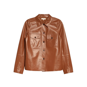 Wholesale Custom <b>Women</b> Glossy Finish Brown Leather <b>Shacket</b> Turn-Down Collar Button Up Coat - Product Image 2