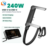 Kabel USB C ke USB C dengan Penyangga Ponsel Lipat 240W 5A PD Pengisian Cepat 90 Derajat Siku Datar Kabel Charger Gaming Berjalin