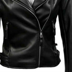 Veste de motard en cuir véritable noir pour femme, col montant, manches longues, fermeture éclair, couleur unie, style moto - Product Image 4