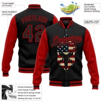 Chaqueta Universitaria Personalizada con Logotipo Spartan Negro y Rojo, Diseño de Patrón 3D con Bandera de EE. UU. Vintage, Botón Único, Dos Tonos, 100% Algodón