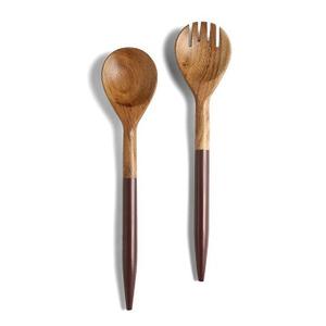 Dernier arrivage Serveur à salade en bois Cuillère Fourchette Service Set Manche brun Ustensile de service Serveur à salade Bois Résine Vaisselle Couverts - Product Image 1
