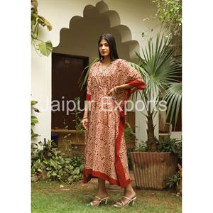 Kaftan en coton floral fait main pour femmes, robe longue de plage, kaftan imprimé à la main, taille naturelle, tissé, lavable - Product Image 5