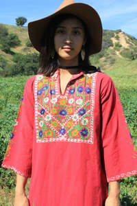 Hand Embroidery Cross Stitch Handmade 100% Cotton <b>A</b>-<b>Line</b> Floral <b>Pattern</b> Tea-Length <b>Dress</b> with V-Neck and Tie Detail - Product Image 3