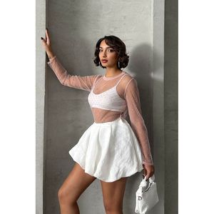 Blusa Elegante de Tul con Puntos para Mujer, Marca TOPSHOW, Ligera y Transparente, Manga Larga, para Venta al Por Mayor - Color Piedra - Product Image 1