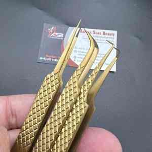 Pinzas japonesas de acero inoxidable con punta de fibra Nano, pinzas de extensión de pestañas doradas mate cepilladas probadas a mano, tipo de punta puntiaguda - Product Image 2