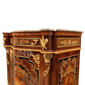 Meuble à chaussures de luxe de style français avec plateau en marbre foncé, décorations peintes à la main, marqueterie florale et accents dorés pour palais - Product Image 6