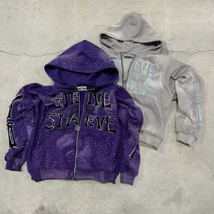 Sweats à capuche brodés en chenille personnalisés veste zippée en strass lavage à l'acide sweat à capuche vintage délavé en polaire pour hommes - Product Image 1