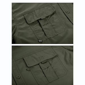 Camisa Formal de Manga Larga para Hombre, Color Verde Oliva, con Bolsillos en el Pecho, Cuello Mao, Cierre con Botones de Cuerno, Patrón de Camuflaje, Tela Dobby - Product Image 5