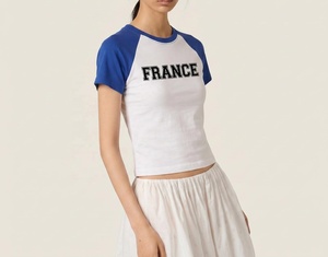 Women's France Printed American Raglan Sleeve Crop <b>Top</b> Crew Neck Short Sleeve Slim Fit Preppy Style Spring Summer White Cotton - Product Image 1